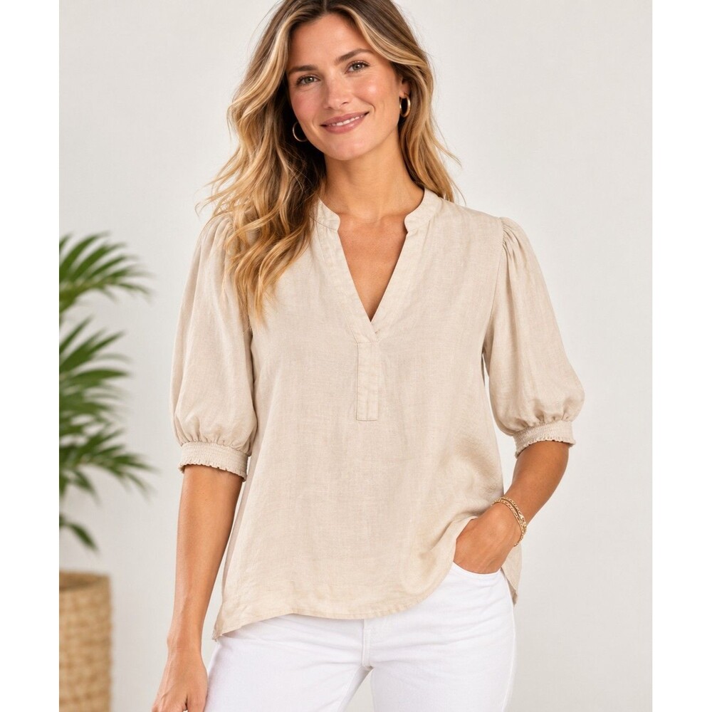 Lilly Pulitzer Mialeigh Top Women’s 10 Beige Linen Blend Puff Sleeve Blouse